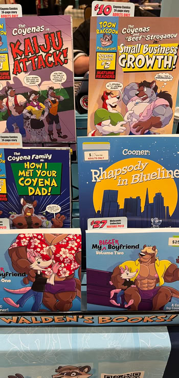 Bookrack of available comics and books, Texas Furry Fiesta '26