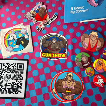 Tabletop full of stickers and buttons
